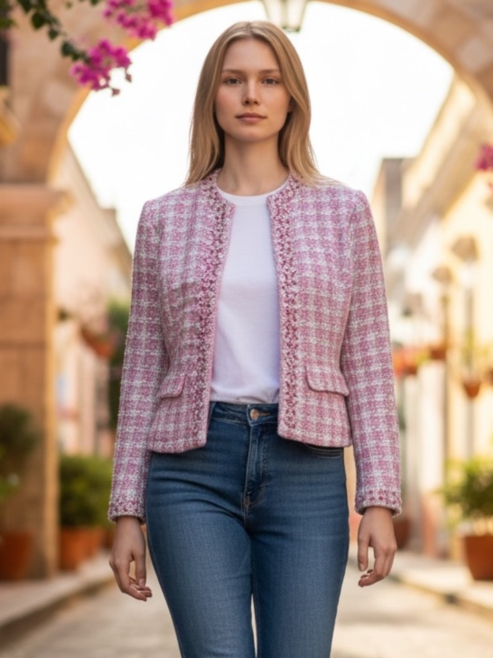Ice Pink Bouclé Collarless Tweed Jacket